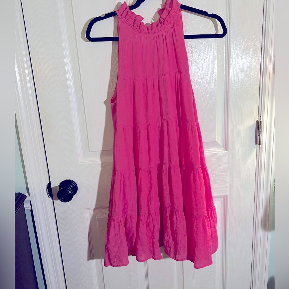 Women’s Hot Pink Ruffle Neck Sleeveless Dress